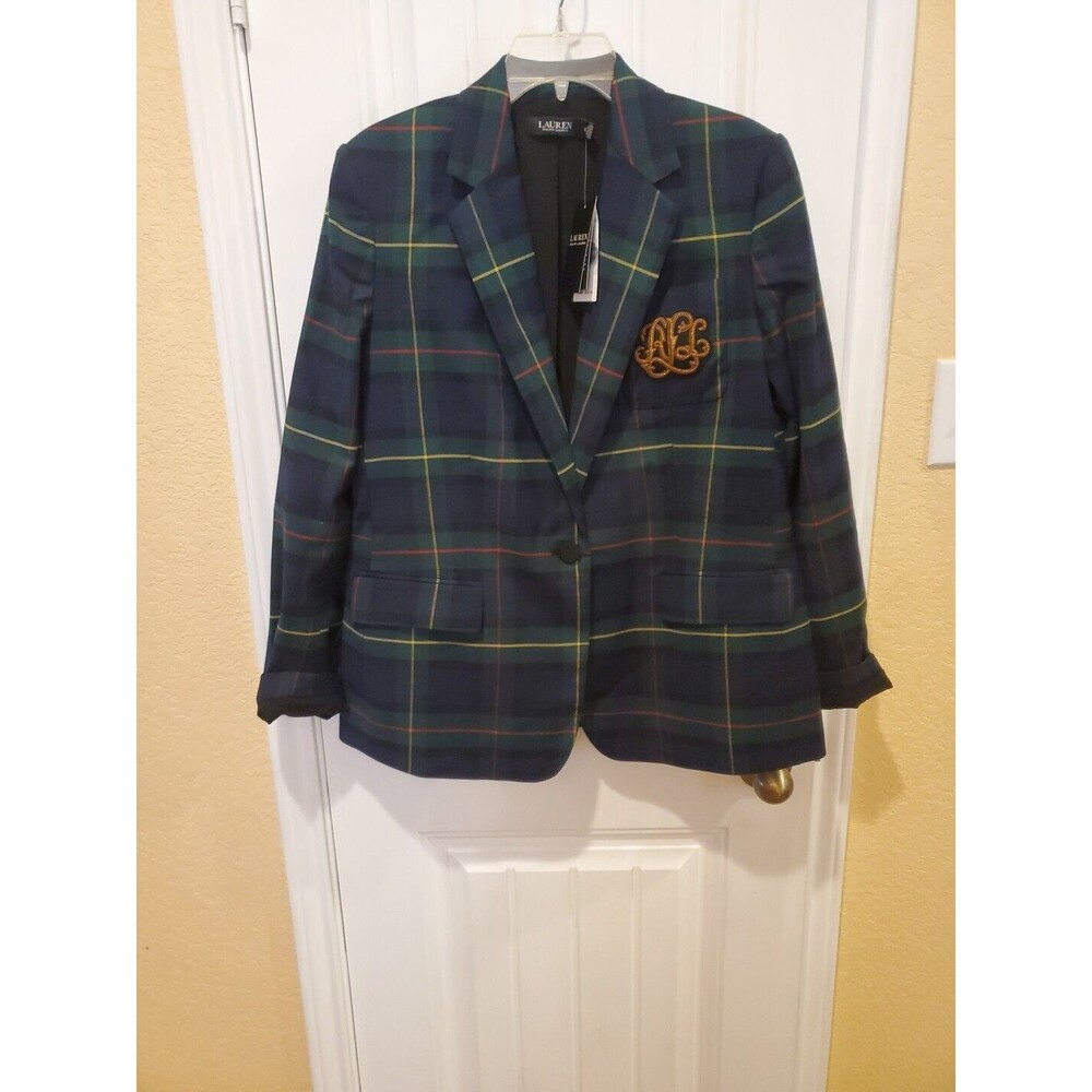 Lauren Ralph Lauren Navy Green Plaid Blazer with Gold Monogram - Picture 3 of 15